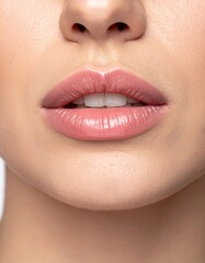 Fototapeta premium Close-up of female caucasian young adult with natural pink lips and smooth skin