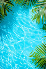 A blue swimming pool surrounded by palm leaves