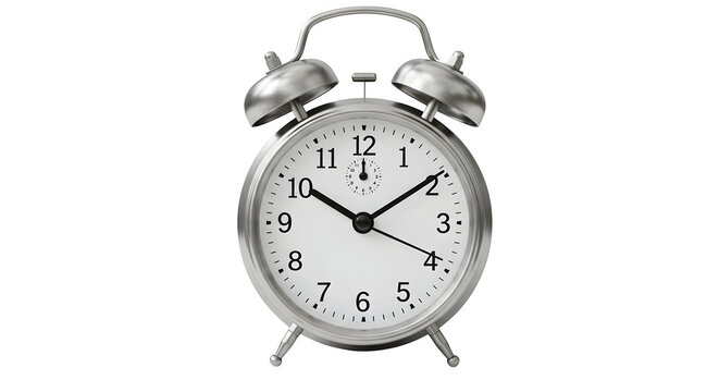 A close up view of a silver alarm clock showing the time on a black background isolated on white background, tarensparent background, png, jpg,jpeg,  on transparent background