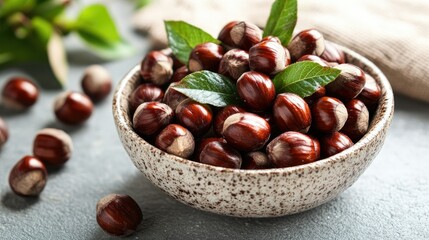 Fresh Chestnuts in Bowl with Green Leaves