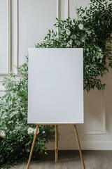 Blank white sign on easel, adorned with lush greenery and white roses