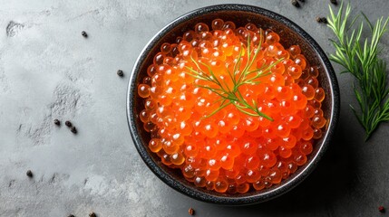 Delicious, vibrant red caviar in a dark bowl.