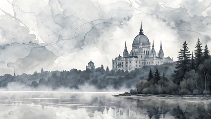 In the foggy mountains, the white Sacre-Coeur basilica, a famous landmark with a dome, stands as a symbol of religion and architecture in Europe