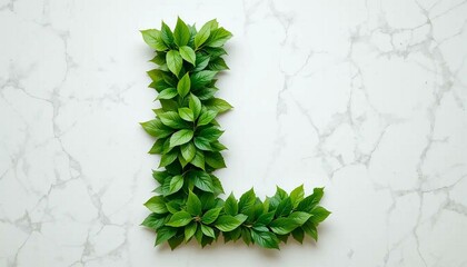 Letter L Formed by Green Leaves on Marble Background