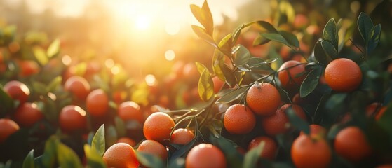 Abundant citrus fruits on branches in orchard at sunrise.