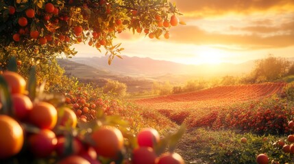 Vibrant sunset over an orchard filled with ripe fruit.