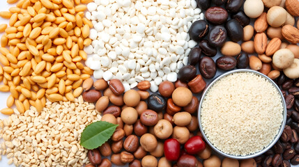 Various grains and legumes in a circular layout