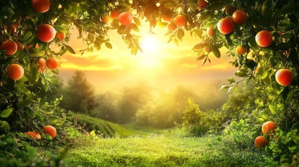 Lush orange grove bathed in golden sunrise light.
