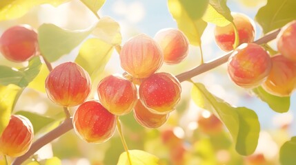 Close-up view of bright, ripe fruits on a branch.