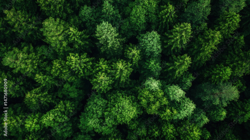 Poster aerial view of a dense, lush forest canopy, showcasing vibrant green foliage and the intricate textu