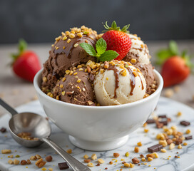 Delicious chocolate ice cream, a sweet dessert, sometimes comes with fresh strawberries