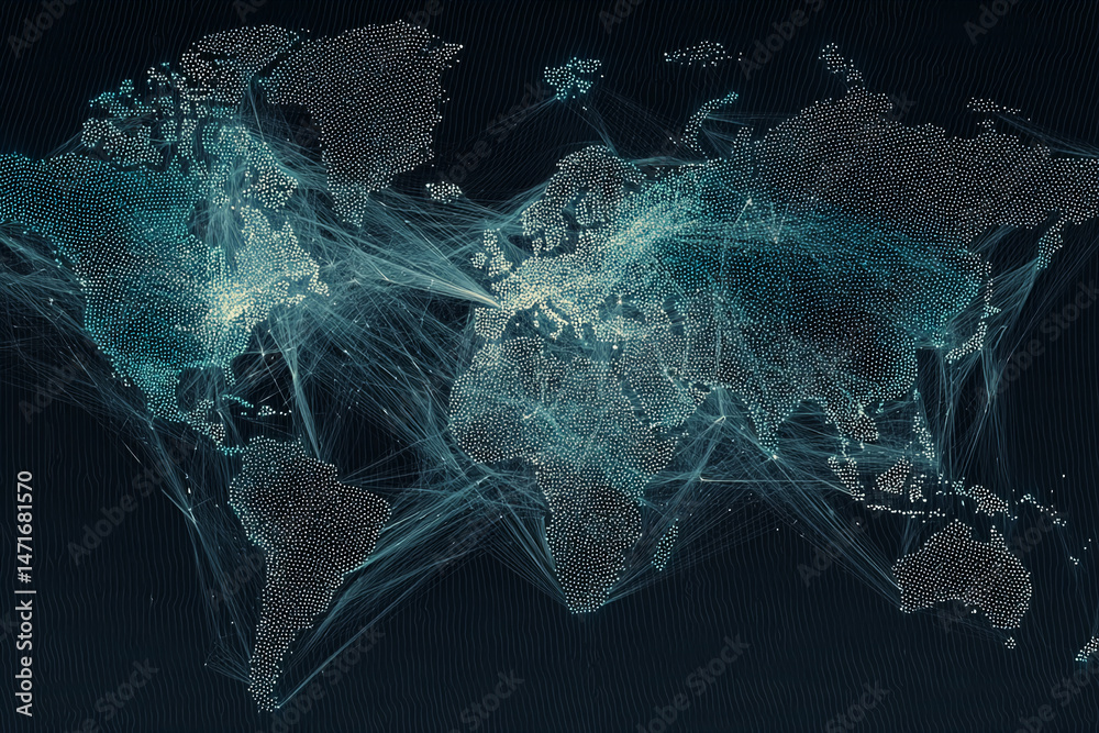 Poster stylized world map, luminous points connected by lines, representing global network, communication, 
