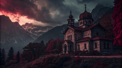 Fototapeta premium The old orthodox church tower stands against the night sky in the mountains, a landmark of faith and European architecture