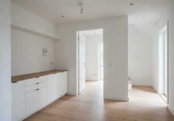 Bright hallway interior with white cabinets and wooden countertop
