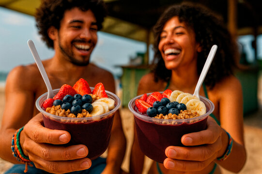 Casal sorridente segurando tigelas de a&ccedil;a&iacute; na praia