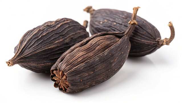 Black cardamom pods on white background smoky bold flavor spice