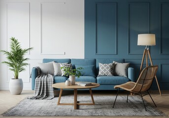 Living room interior with blue sofa, plant, and chair against two-tone wall
