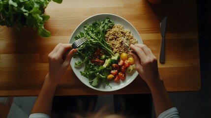 Person eating slowly and mindfully with a plate of whole grains and greens