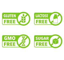 Symbols indicate food products that are free from the following ingredients gluten free, lactose free, GMO free and sugar free.
