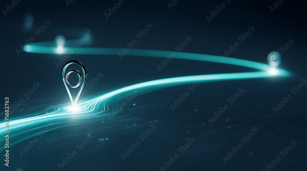 Poster abstract image of glowing teal path with silver location markers, showcasing journey, navigation, or