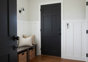 Entryway with black door bench and decorative key hanging on white wainscoting