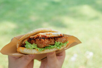 Hands holding a grilled chicken kebab on a green background