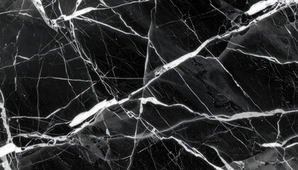 Veins of white marble swirl across a dark background, creating a stark, elegant pattern ideal for luxury or abstract design projects.