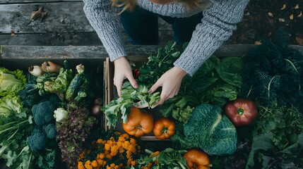 Person choosing organic vegetables at a local farmer market in support of sustainability