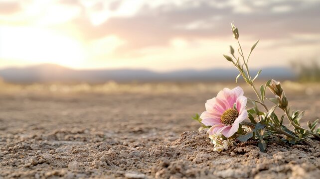 Pink Flower Blooming in Dry, Cracked Desert Soil at Sunset flower pink desert soil sunset bloom dry