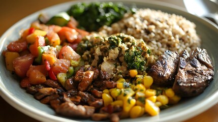 Close-up of a plate filled with whole foods in a colorful balanced meal