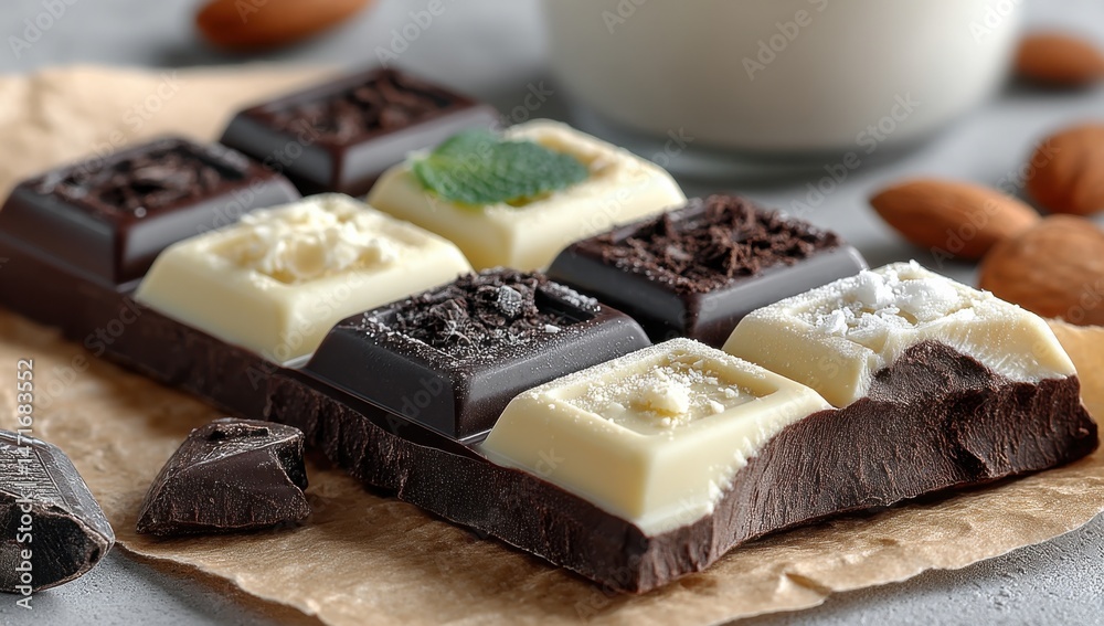 Poster a close-up shot of a delicious chocolate bar, featuring both dark and white chocolate squares, adorn