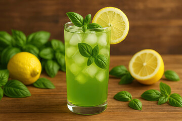 Fototapeta premium Refreshing green basil lemonade with lemon slice garnish, ice cubes in tall glass on wooden table. Summer beverage with basil leaves and lemons. Healthy refreshing drink concept 