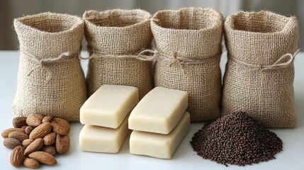 Fototapeta premium Burlap sacks filled with organic ingredients, alongside almond nuts and cocoa powder on a table