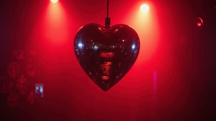  Vibrant heart shaped disco ball hangs in nightclub. Mirror sphere reflects red light, glistering atmosphere of dance party. Nightlife, music, love, Valentine Day concepts. Clubbing and celebrations