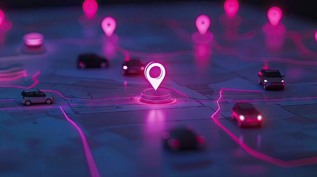 Car icons updating in real time on a glowing digital map interface