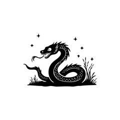 Obraz premium Stylized Dragon Silhouette with Stars and Foliage on White Background Art