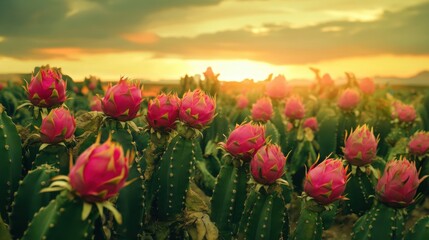 A dragon fruit plantation with bright pink fruits growing on cactus-like plants,