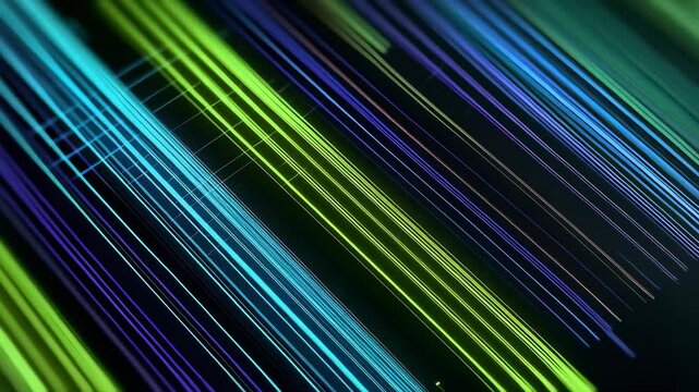 Abstract diagonal parallel lines of vibrant cyan, green, and purple light streaks on a dark background with subtle grid patterns