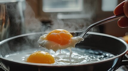 Slotted spoon lifting delicate poached egg from hot water