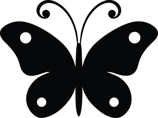 Obraz premium Elegant Black Butterfly Silhouette with Curled Antennae and Circular Wing Markings on White Background Vector Design