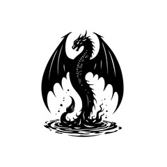 A mythical dragon rising from dark waters, silhouette against a clean white space