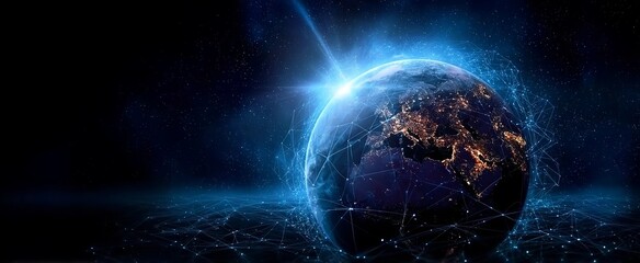A digital illustration of the Earth with blue light beams connecting various parts, symbolizing