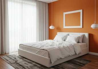 Bedroom interior with orange wall, white bed, and hanging lamps