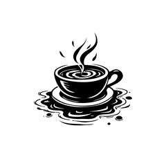 Stylized black and white illustration of a steaming hot coffee cup and saucer