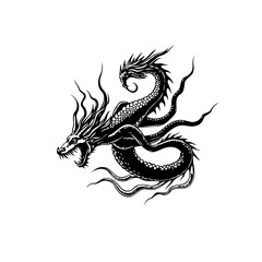 Monochrome rendition depicting an intricately illustrated mythical eastern dragon