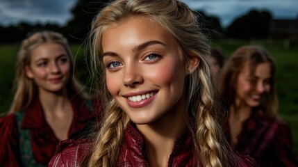 Fototapeta premium Young people in Swedish folk costumes, together, nature, friend, hair, face