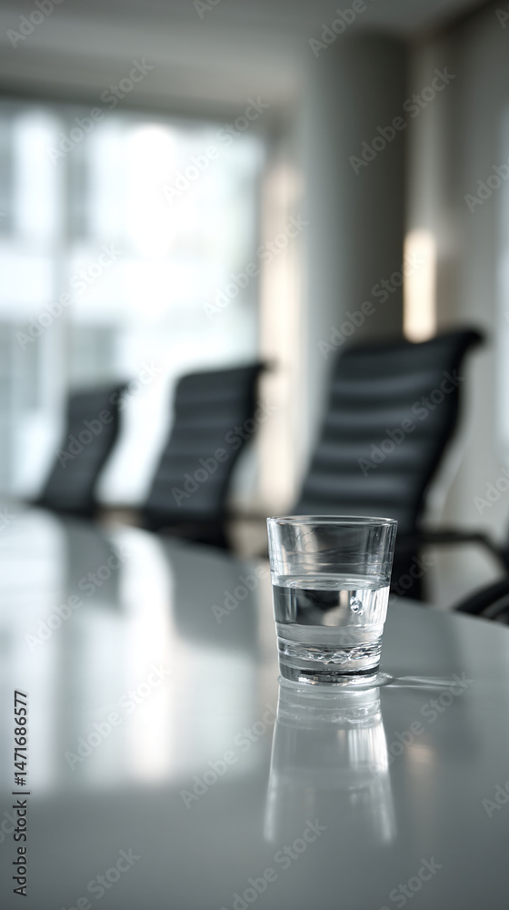 Poster glass of water on a reflective table in a blurred office setting, suggesting business meeting prepar