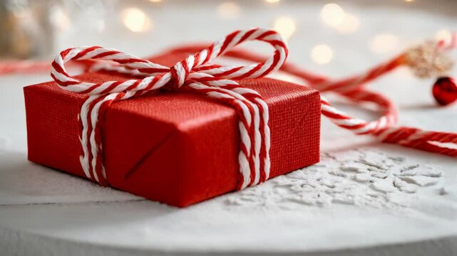Close up view of a red gift box with a red and white twine bow resting on a snowy surface for Christmas season.