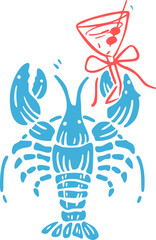 Whimsical coastal Lobster with cocktail hand drawn vector illustrations