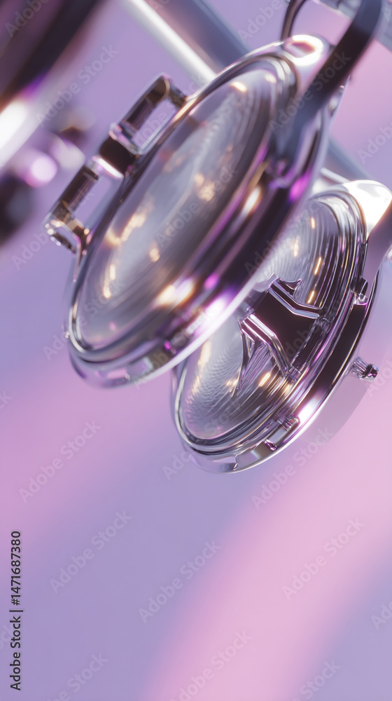 Poster close-up of metallic chrome object, reflecting light, creating a sleek and modern appearance, showca